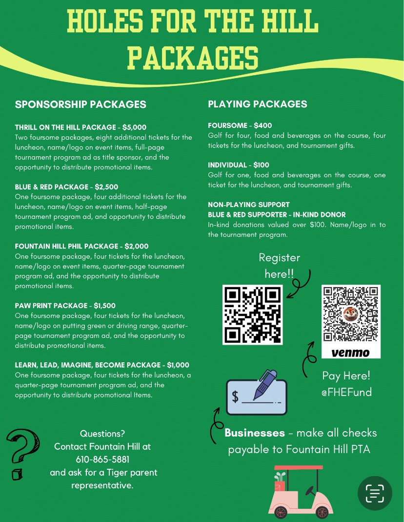 It’s going to be a HOLE lot of fun! ⛳️ Join Fountain Hill Elementary School for their first annual Holes for The Hill Golf Outing! See the information below for details! ⬇️
<a href="/BethlehemAreaSD/">BASD</a>
<a href="/FHTigerParents/">Tiger Parents</a>
<a href="/LehighCSO/">LU Community Service</a>