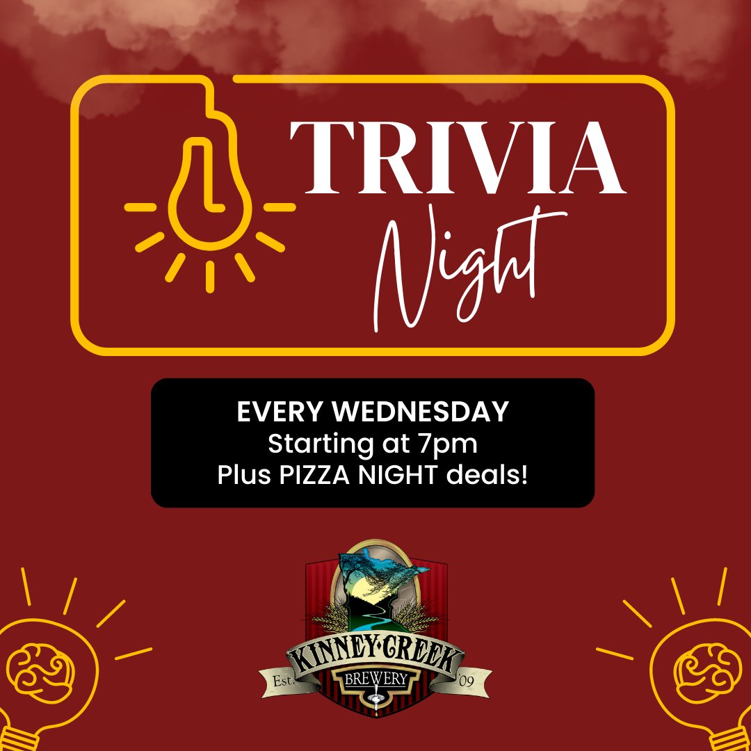 Trivia Night marks our HALFWAY point to the weekend!

Come on out for 2 pints and a pizza for $25 and saddle up for general trivia starting at 7pm!

#humpday #wednesday #trivia #trivianight #pizza #pizzanight #pizzaandbeer #beerandpizza