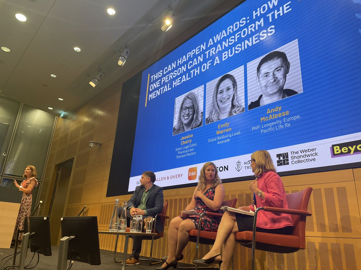 Here's our first #ThisCanHappen Awards panel: How one person can transform the mental health of a business. It’s hosted by Jessica Cherry @thomsonreuters, with Emily Warren @Avanade, and @andymcaleese @PacificLifeRe.