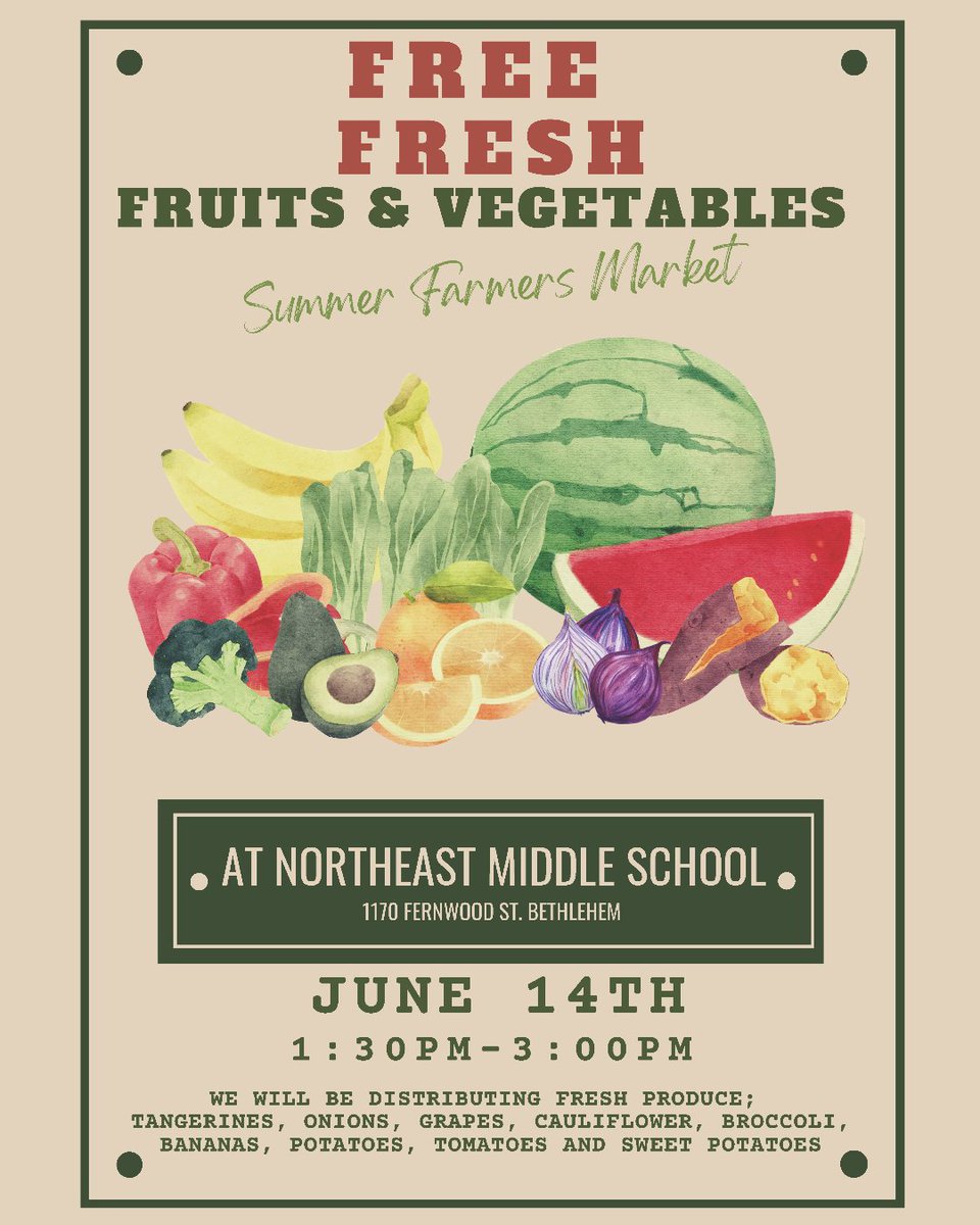 BASD (@bethlehemareasd) on Twitter photo Northeast Middle School is hosting a Summer Farmers Market June 14th from 1:30 to 3 p.m.
1170 Fernwood St., Bethlehem. #basdproud #farmersmarket #bethlehem <a href="/BASDnortheast/">BASDnortheast</a> Northeast Middle School is hosting a Summer Farmers Market June 14th from 1:30 to 3 p.m.
1170 Fernwood St., Bethlehem. #basdproud #farmersmarket #bethlehem <a href="/BASDnortheast/">BASDnortheast</a>