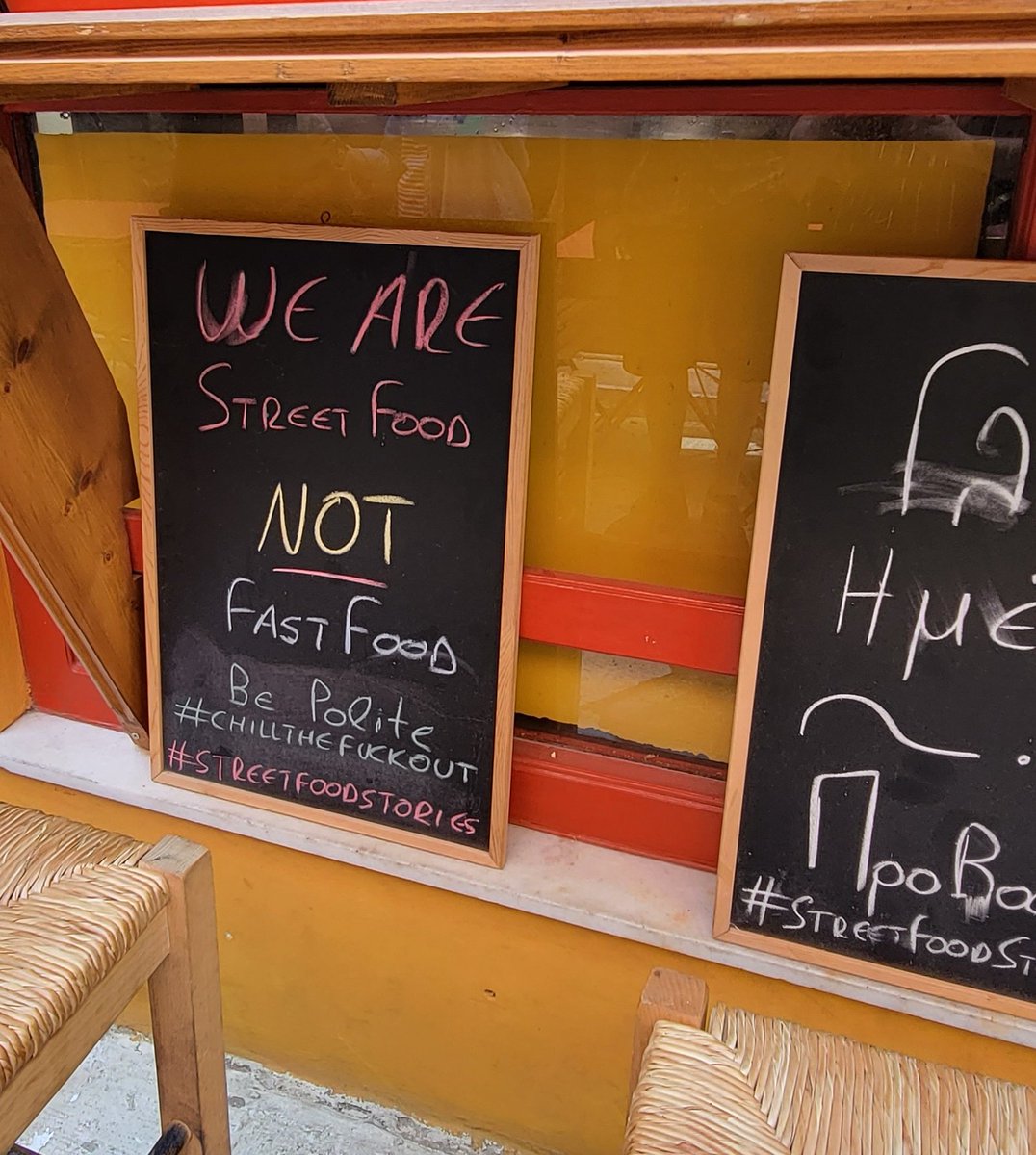 TeriBarrMedia's tweet photo. A great piece of #WednesdayWisdom from a cute restaurant along an adorable street in Syros, #Greece.
#truth 💙 ⬇️
#notfastfood
#chillthefuckout
w/@BrianMesmer
#streetfoodstories https://t.co/1sFGQnSydM