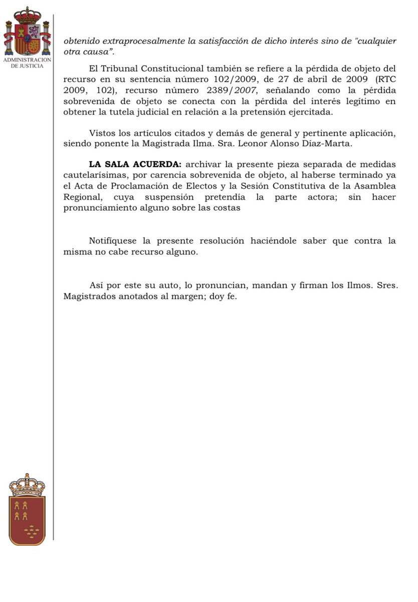 MC_Regional's tweet image. Presentamos el recurso el lunes ante la Junta Electoral y la personación ante el TSJ ayer.

Tras la constitución de @asambleamurcia nos notifican que nuestra solicitud ha perdido el objeto.

Indefensos ante esta situación, por supuesto, mantenemos el recurso. 

Es de justicia 🆘