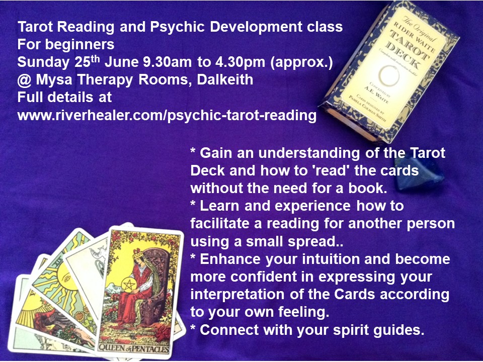 RiverHealer's tweet photo. Booking now, limited places. Tarot Reading and Psychic Development Class. Sunday 25th June @ Mysa Therapy Rooms, Dalkeith. Booking and full info at https://t.co/sXoxPcWVI9… #dalkeith #musselburgh #midlothian #eastlothian #whatsondalkeith #tarotclasses #psychicclasses #learntarot https://t.co/6ZU05TZgmu