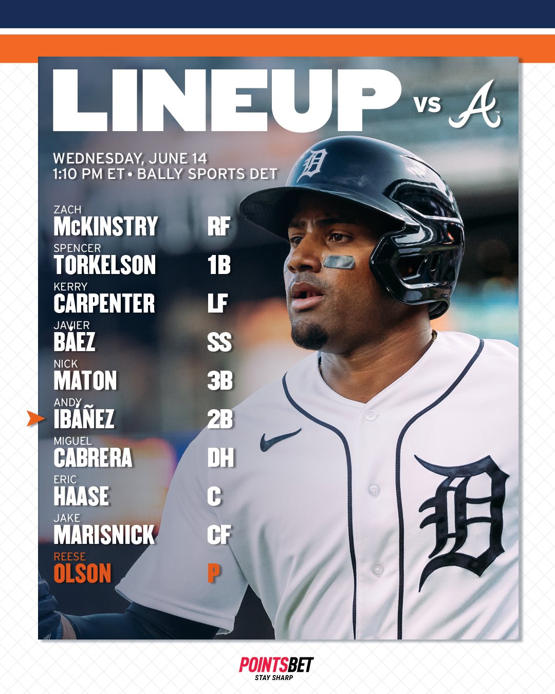 June 14 Tigers lineup vs Braves: Zach McKinstry, right field. Spencer Torkelson, first base. Kerry Carpenter, left field. Javier Báez, shortstop. Nick Maton, third base. Andy Ibáñez, second base. Miguel Cabrera, designated hitter. Eric Haase, catcher. Jake Marisnick, center field. Reese Olson, starting pitcher.  Today's game begins at 1:10 p.m. ET with broadcast coverage on Bally Sports Detroit.