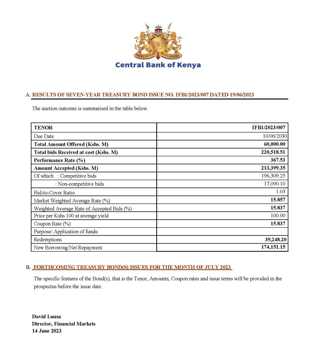 CBKKenya's tweet photo. Results for Seven-Year Treasury Bond Issue No. IFB1/2023/007 dated 19/06/2023 https://t.co/3G6fUEsznG