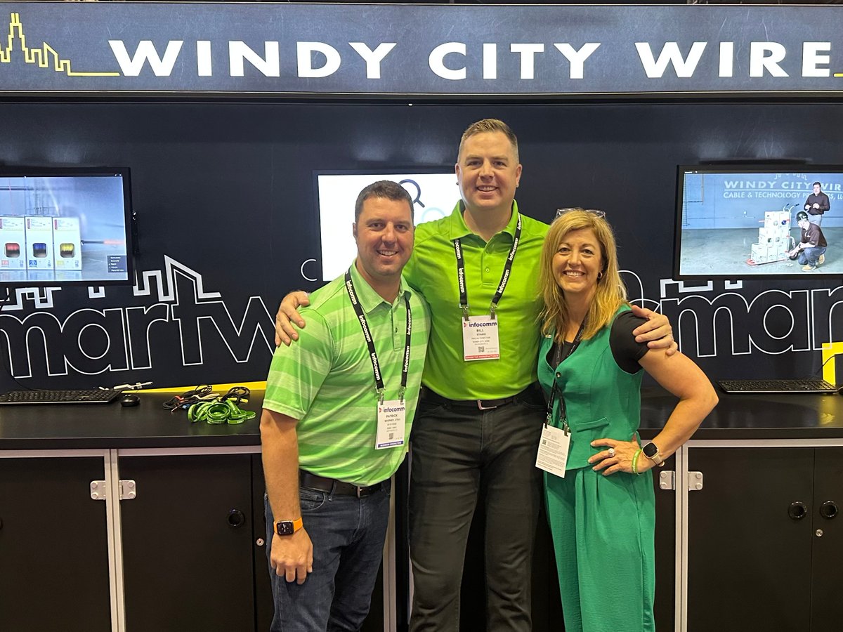 WindyCityWire's tweet photo. Thank you to our friends Patrick Whipkey and Cheryl Walton from @EdgeProAV  for stopping by and helping Bill Stang kick off #GreenforGreene Day 1 at #infocomm23!  💚  

#AVtweeps stop by for a wristband, Booth 2554, while supplies last! https://t.co/0uxfrzl8d0