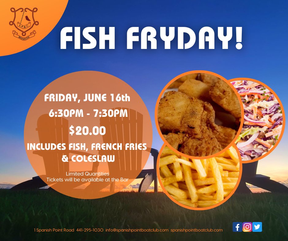 SPBCbda's tweet image. What better way to kick off the long Heroes Day weekend than with a Fish Fryday at your favourite Boat Club!

Get there early as quantities are limited. See you Friday!

Members and their guests only. 

#SPBC #fishfry #itsbetterattheboatclub #nojacketrequired
