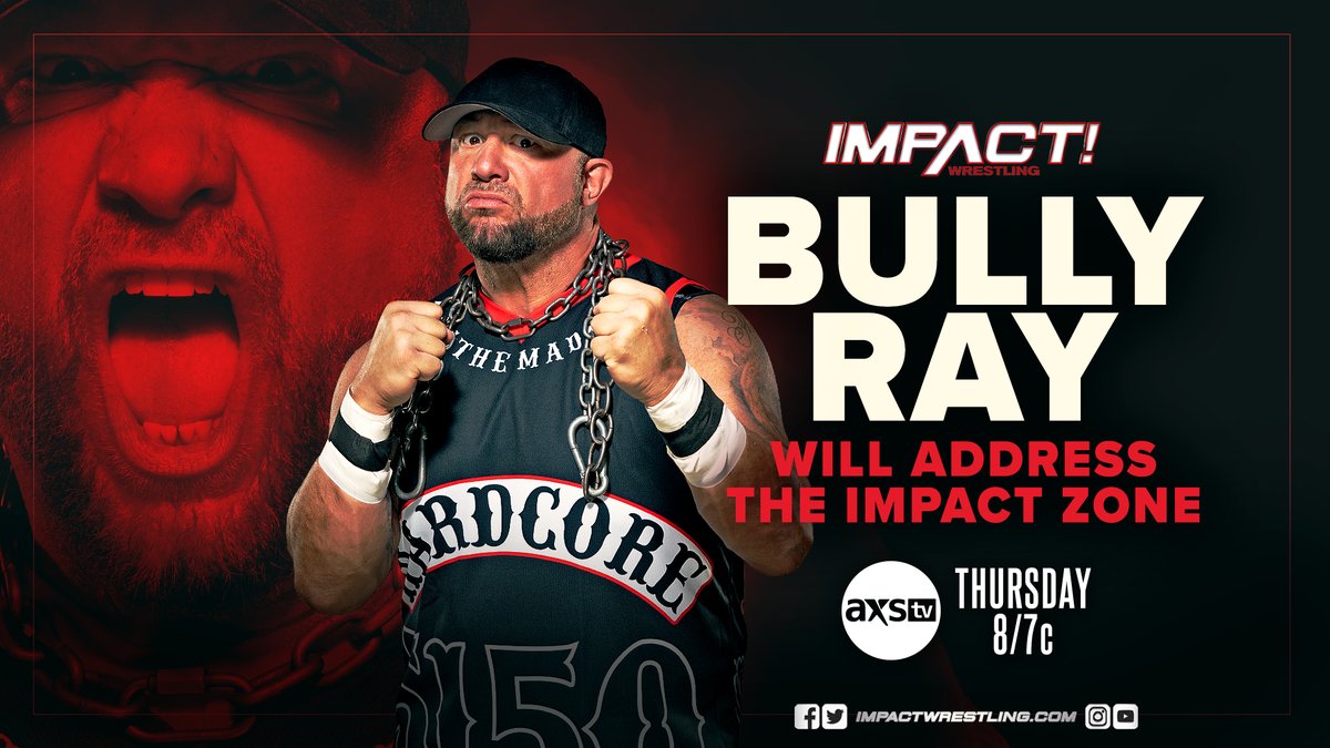 TOMORROW NIGHT at 8/7c on #IMPACTonAXSTV! 

- The Motor City Machine Guns kick off IMPACT! 

- DECAY vs ABC

- @TheMooseNation vs #RichSwann

- @bullyray5150 will address the IMPACT Zone!