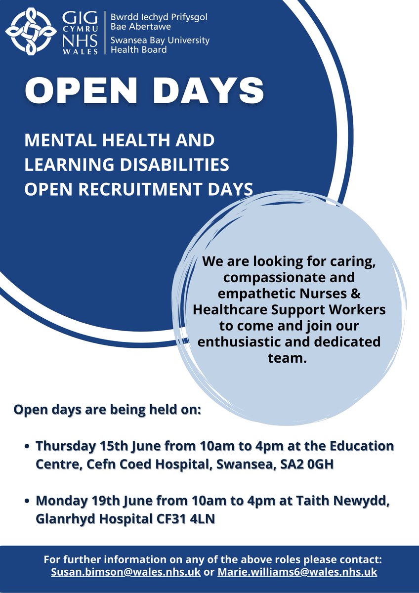 Have you ever thought what it would be like to work as a Registered Staff Nurse or Health Care Support Worker within Mental Health, Forensic or Learning Disabilities Services at Swansea Bay ? Then why not come and meet the team.