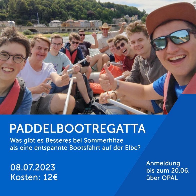 Es ist schon wieder Sommer, und damit steht auch wieder die obligatorische Paddelbootregatta an! Was gibt es Besseres bei Sommerhitze als eine entspannte Bootsfahrt auf der Elbe?

Die Anmeldung ist hier möglich: bildungsportal.sachsen.de/opal/auth/Repo…