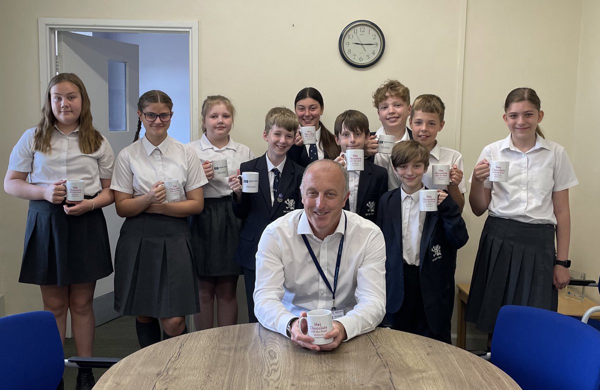 MEChilternEdge's tweet photo. Lovely hot chocolate with Year 7 star students today. Whilst we’re not perfect, when they reply to the question ‘What would you improve about the school?’ and the answer comes back “More plugs in science” and “A bit less rounders in PE” you know you’re doing something right! https://t.co/oHmBwAQTGG