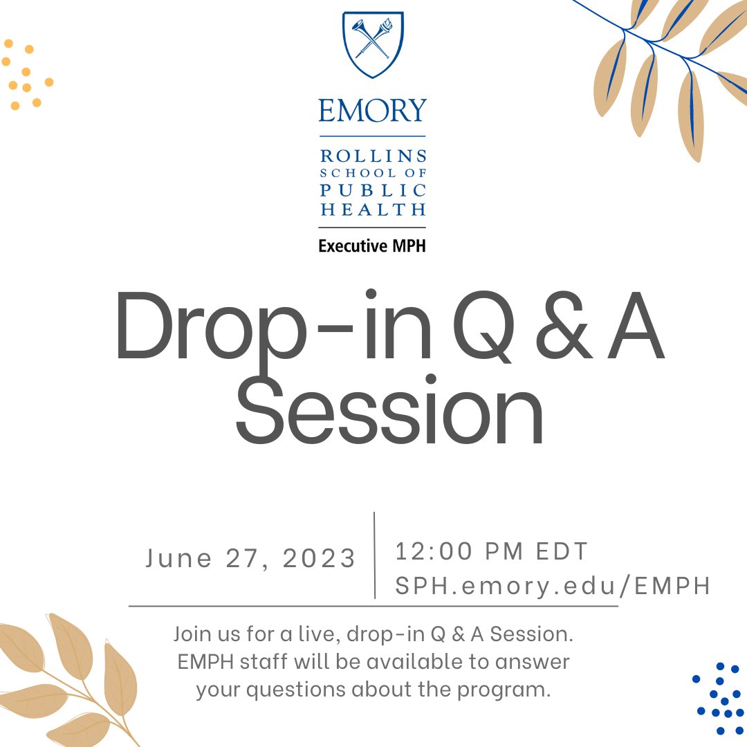 EmoryEmph's tweet photo. #EmoryEMPH admissions staff will be available to answer your questions about the program before the July 1 application deadline.

Drop-in between noon and 1:00 pm.

Register below to receive log-in information: https://t.co/oEFLfsAbPN https://t.co/5D18QZXL2l
