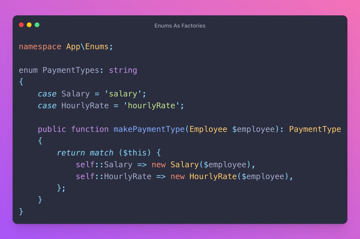 ⚡You can do some pretty cool stuff with enums in PHP and Laravel. In this thread, I’ve collected some of the useful stuff, such as:

- Backed enums
- Using enums as factories
- Validation
- Enum route binding
- Model attribute casts

🧵Keep Reading