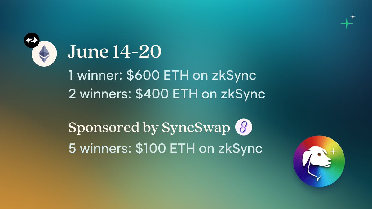 taho_xyz's tweet photo. Giveaway #3 is LIVE 💸

🎁 1 wins: $600 in ETH on zkSync
🎁 2 win: $400 in ETH on zkSync
🎁 5 win: $100 in ETH on zkSync, courtesy of our frens @syncswap

Mint a Zeke Explorer NFT by swapping on @syncswap w/ Taho to enter: https://t.co/CW2yHQx4zl

(if you already entered giveaways #1 and #2 you’re automatically entered into #3!)