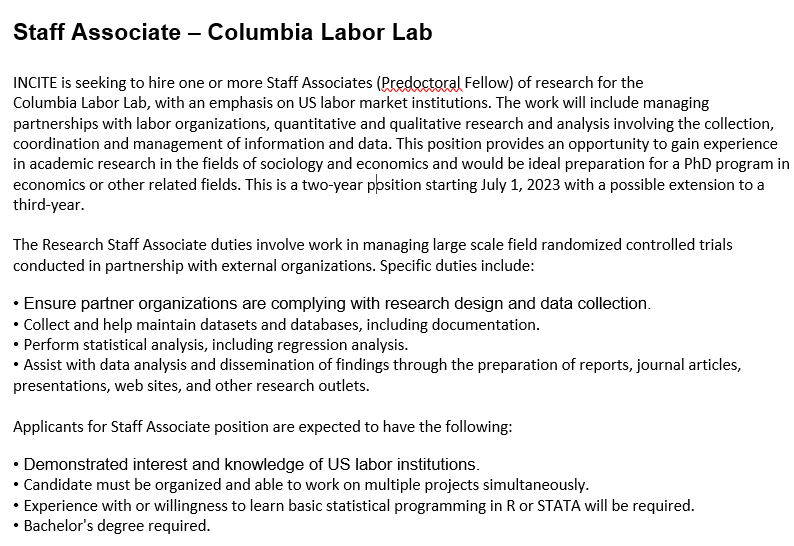 Our team at Columbia is hiring a predoc to work on projects partnering with labor unions. Official posting coming soon but for more info email culaborlab@gmail.com