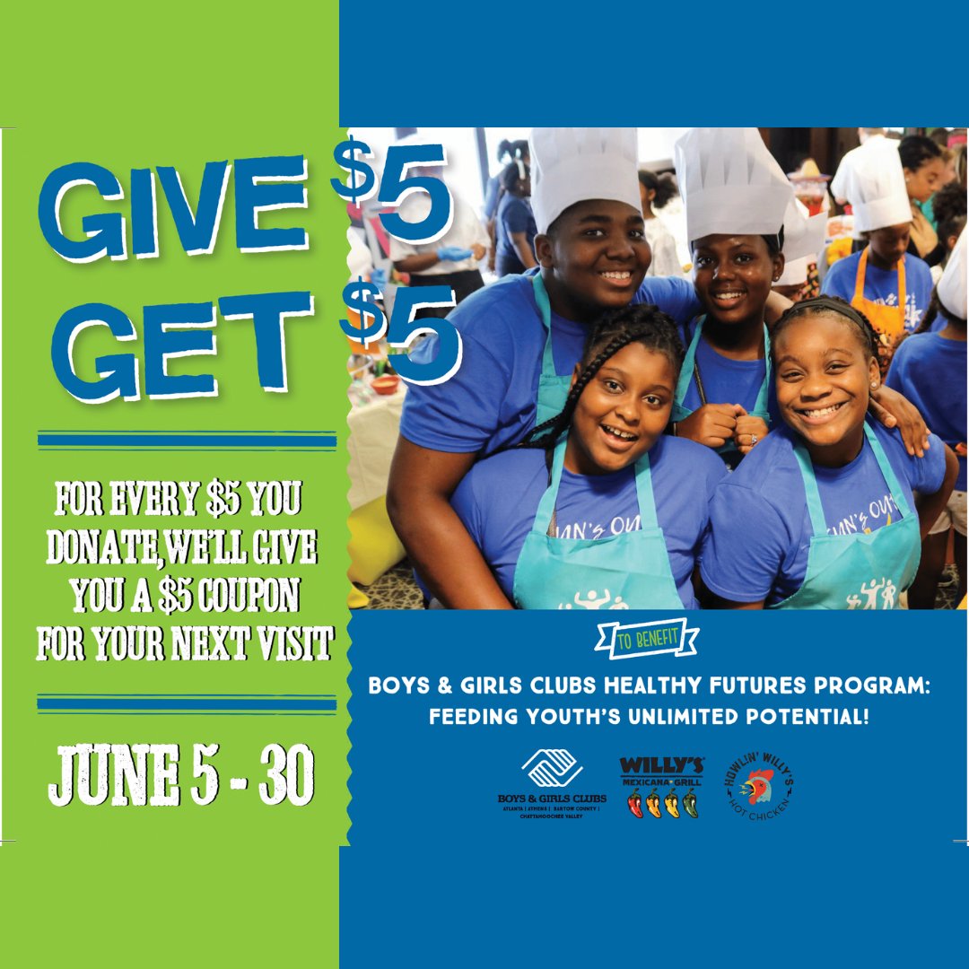 You: I wonder where I should eat today🤔
Us: <a href="/WillysMexicana/">Willy's Mexicana</a>! <a href="/howlinwillys/">Howlin' Willy's Hot Chicken</a>! They're doing Give $5 Get $5. For every $5 you donate to Boys &amp; Girls Clubs of Metro Atlanta, you get a $5 Willy's coupon.