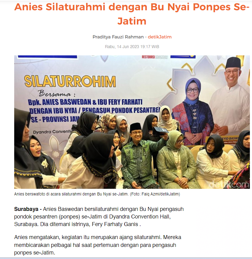 infoanies's tweet photo. Anies Baswedan bersilaturahmi dengan Bu Nyai pengasuh pondok pesantren (ponpes) se-Jatim di Dyandra Convention Hall, Surabaya. 

Anies Baswedan ditemani sang Istri,  ibu Fery Farhaty Ganis.

https://t.co/tabY9jq2To https://t.co/H1M2cM9BNA