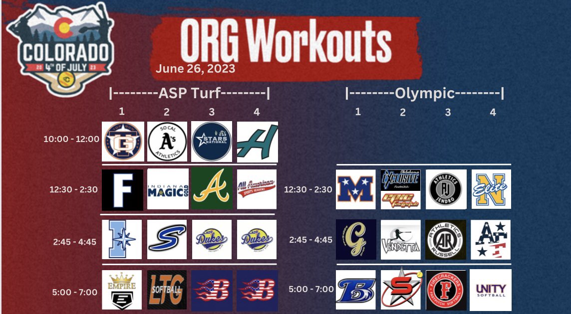 🚨Check out the Organizational Workouts during Colorado! 💪🥎 #IPlayTCS #Cosparkfire 


🗓️ Monday June 26, 2023
📍Aurora Sports Park - 19300 E Colfax Ave Aurora &amp; Olympic Park - 15501 E Yale Ave Aurora