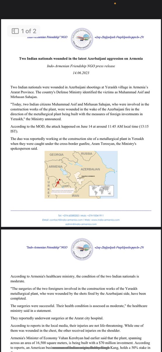 Sir, two Indian citizens were injured in brutal and illegal shelling on sovereign Armenian soil today by Aliev’s Azerbaijani dictatorship. I am a proud Indian resident of Armenia. Us Indians and Armenian friends don’t feel safe. Beg you to take action. <a href="/MEAIndia/">Randhir Jaiswal</a>
