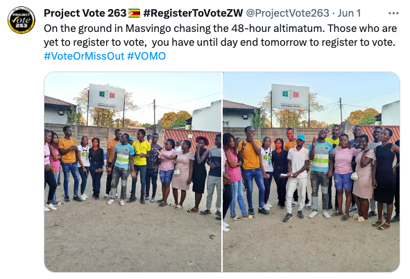 4
@ProjectVote263 is currently embarking on a 'Go out and Vote Campaign' under #VoteOrMissOut #VOMO following their successful voter registration efforts. 

The campaign calls on all registered voters to vote during this year's election.
projectvote263.org.zw/pv263/