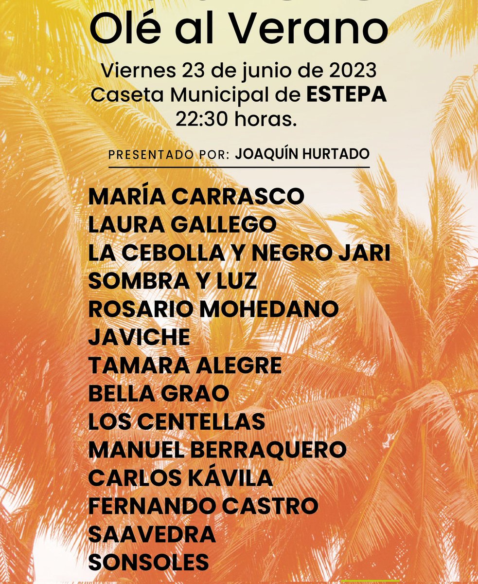 Y el día 23... nos vamos a ESTEPA con muy buena compañía <a href="/Maria_CarrascoJ/">María Carrasco</a> @lauragallegosoy La Cebolla y <a href="/negrojari/">Negro Jari</a> <a href="/SOMBRAYLUZ_Ofic/">SOMBRA Y LUZ</a> <a href="/RosarioMohedano/">Rosario Mohedano</a> <a href="/JavicheOficial/">Javiche</a> Tamara Alegre Bella Grao <a href="/LosCentellas/">@LosCentellasdUtrera</a> <a href="/ManuelBP92/">Manuel Berraquero</a> <a href="/CarlosKavila/">CarlosKavila</a> Fernando Castro <a href="/JuanSaavedraa/">Juan Saavedra</a> y Sonsoles