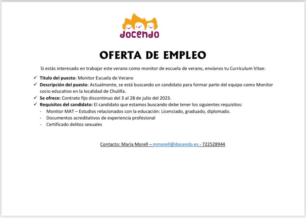 ¡Oferta de empleo en Chulilla! 
#chulilla