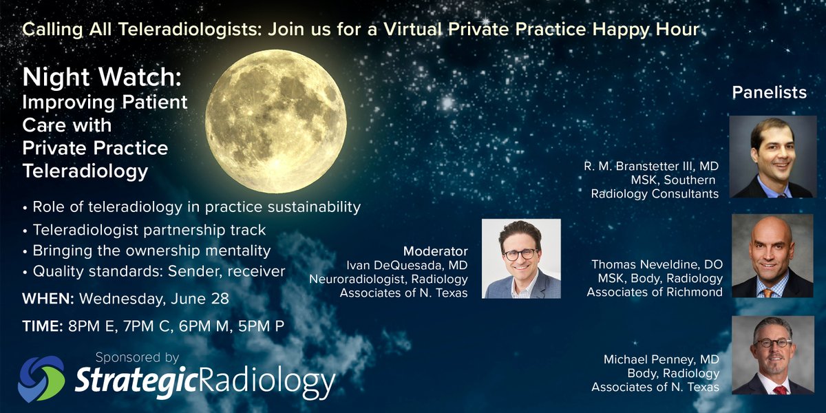 StrategicRad's tweet photo. ICYMI #teleradiologists, you are invited to a virtual #privatepractice #teleradadiology Happy Hour!
Topic: Night Watch: Improving Patient Care with Private Practice Teleradiology
When: Wednesday, June 28, 8–9PM E, 7–8PM C, 6–7PM M, 5–6PM P
RSVP: https://t.co/c7aQsXVmDs https://t.co/cRLyPJQ0pL