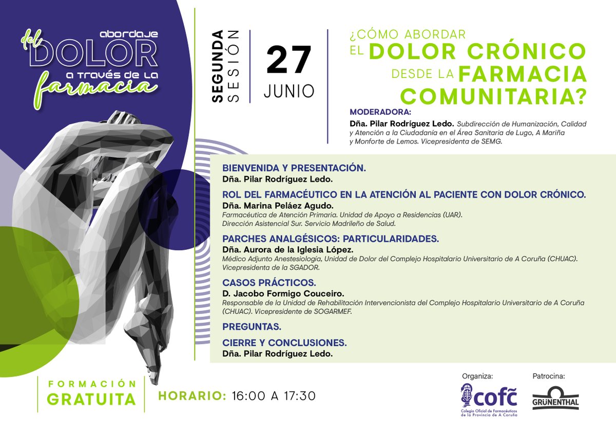 👋¡Atención farmacéuticos!

¿Queréis saber más sobre cómo abordar el #DolorCrónico desde la Farmacia Comunitaria?

El martes 27 el <a href="/COFCoruna/">COFC</a> organiza la segunda sesión de "El Abordaje del #dolor a través de la farmacia".

🚨Para más info y registro escribe a info@dolor.com🚨