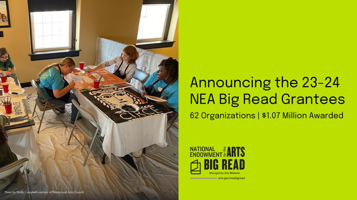 Nat'l Endow f/t Arts (@neaarts) on Twitter photo In partnership w/ <a href="/ArtsMidwest/">Arts Midwest</a> we are pleased to announce grants to 62 nonprofits for#NEABigRead programming in 2023-24, w/ the aim of inspiring meaningful conversations, artistic response, & new discoveries & connections in participating communities. bit.ly/42FgHUP In partnership w/ <a href="/ArtsMidwest/">Arts Midwest</a> we are pleased to announce grants to 62 nonprofits for#NEABigRead programming in 2023-24, w/ the aim of inspiring meaningful conversations, artistic response, & new discoveries & connections in participating communities. bit.ly/42FgHUP