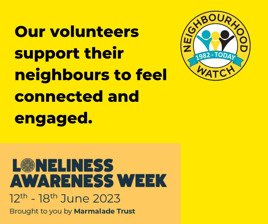 We are supporting #LonelinessAwarenessWeek because we know that people in our communities can feel isolated and alone . making them more vulnerable to crime.  Our volunteers support them to be better connected and feel part of their neighbourhood.  ourwatch.org.uk/crime-preventi…