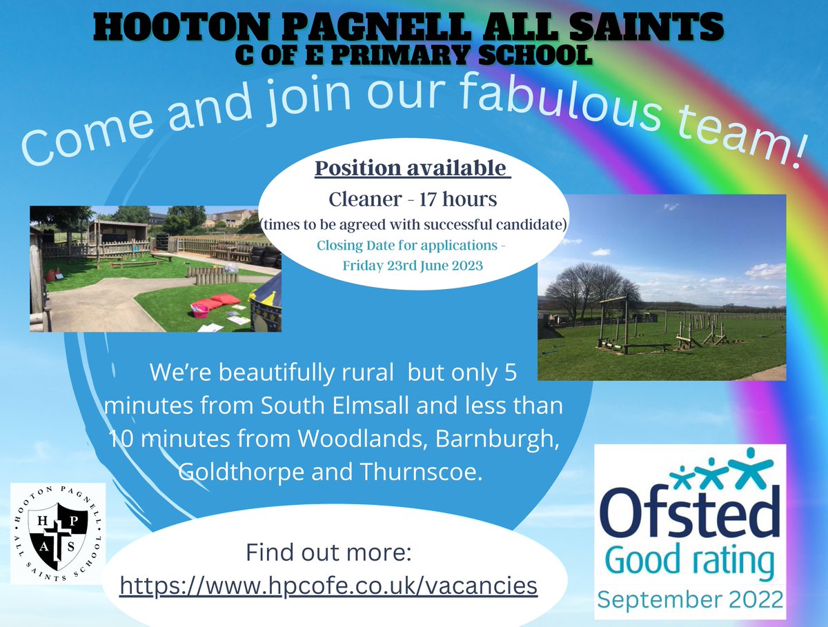 We are looking for a cleaner to join our fabulous team. We are only 5 mins from South Elmsall and less than 10 mins from Woodlands, Barnburgh, Goldthorpe and Thurnscoe. We are 15 mins from Wath. This really is a fabulous place to work! @jmatschools @MyDoncaster @RoSIS_1 @ForgeCPD