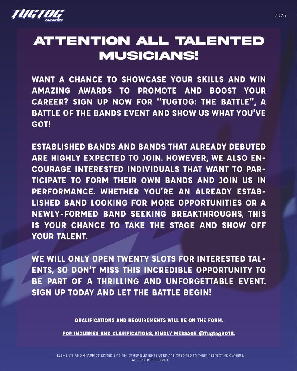 TugtogBOTB's tweet photo. ㅤ ㅤ ⠀⠀⠀⠀⠀⠀⠀
ㅤ ㅤ ⠀⠀⠀⠀⠀⠀⠀
ㅤ ㅤ 🗣️ CALLING ALL BANDS AND MUSICIANS! ㅤ ㅤ
ㅤ ㅤ ⠀⠀⠀⠀⠀⠀⠀
ㅤ ㅤ ⠀⠀⠀⠀⠀⠀⠀ https://t.co/04xE5SpBVo