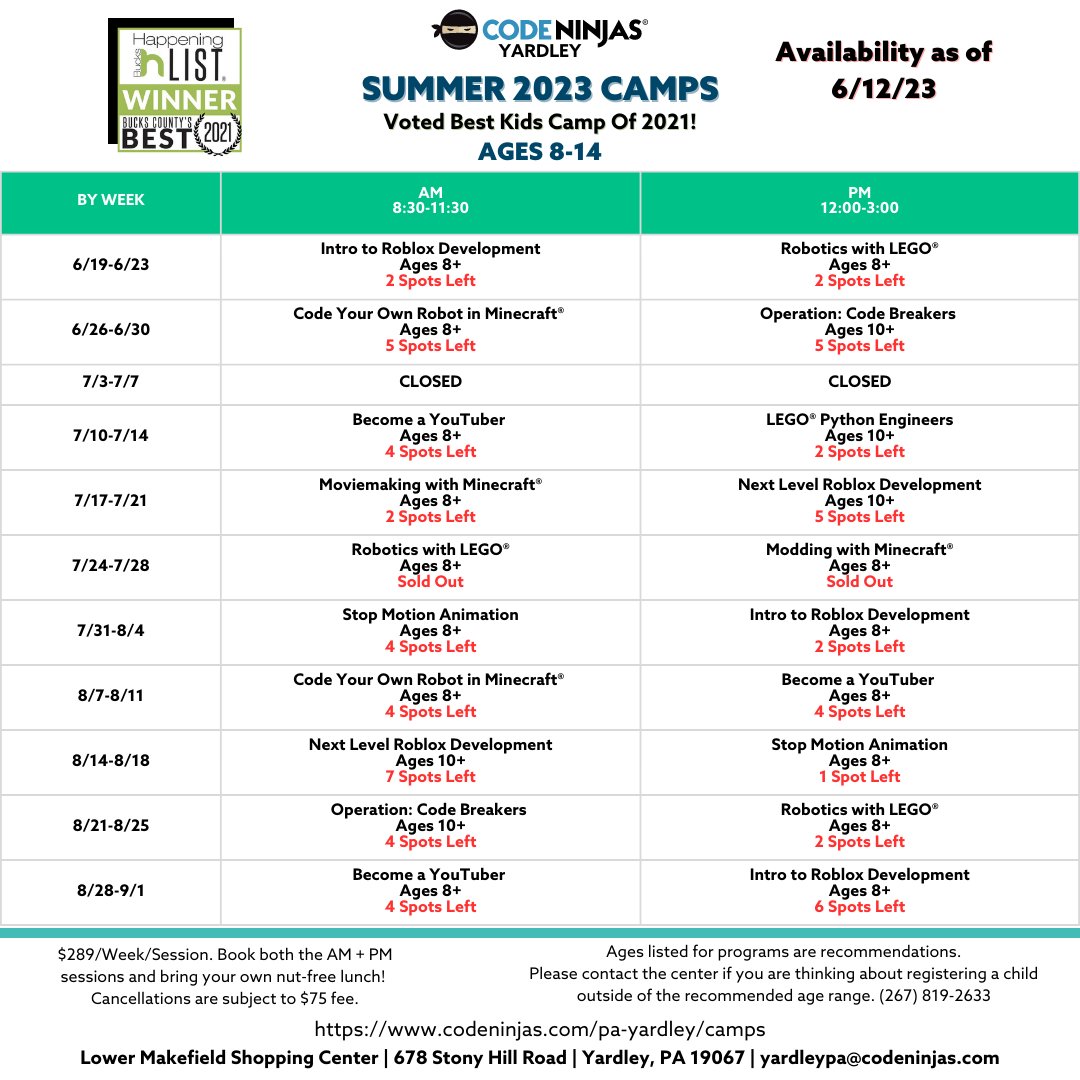 Summer Camp Availability Update. Don't miss out. bit.ly/431McJC

#summercamp #summercamps #STEM #stem #stemsummercamp #stemsummercamps #codingsummercamp #codingsummercamps #youtube #minecraft #roblox #roboticswithlego #stopmotionanimation #yardleypa #yardley_borough...