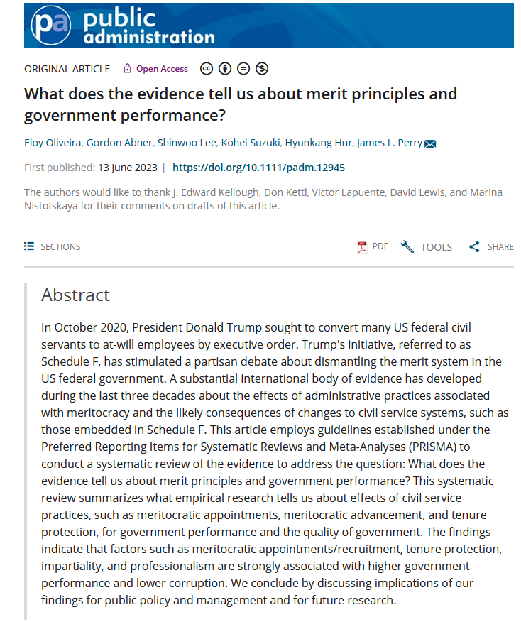 Open Access Alert! 
"What does the evidence tell us about merit principles and government performance?" by @ehso (<a href="/TheLBJSchool/">The LBJ School</a>), Gordon Abner, Shinwoo Lee, <a href="/kohei2009/">Kohei Suzuki</a>, Hyunkang Hur(<a href="/IUKokomo/">IU Kokomo</a>), &amp; <a href="/JLPerrySPEA/">James L. Perry</a>(<a href="/IUONeill/">O'Neill School of Public and Environmental Affairs</a>) answers a vital question: ...(1/n)
doi.org/10.1111/padm.1…