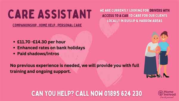 Home Instead Ruislip & Harrow are looking for Care Assistants with access to a car Give them a call today on 01895 624 230 @Hillingdon @TAGdrinks @RobertCooper83 @HillingdonHour @Naturaal_Health