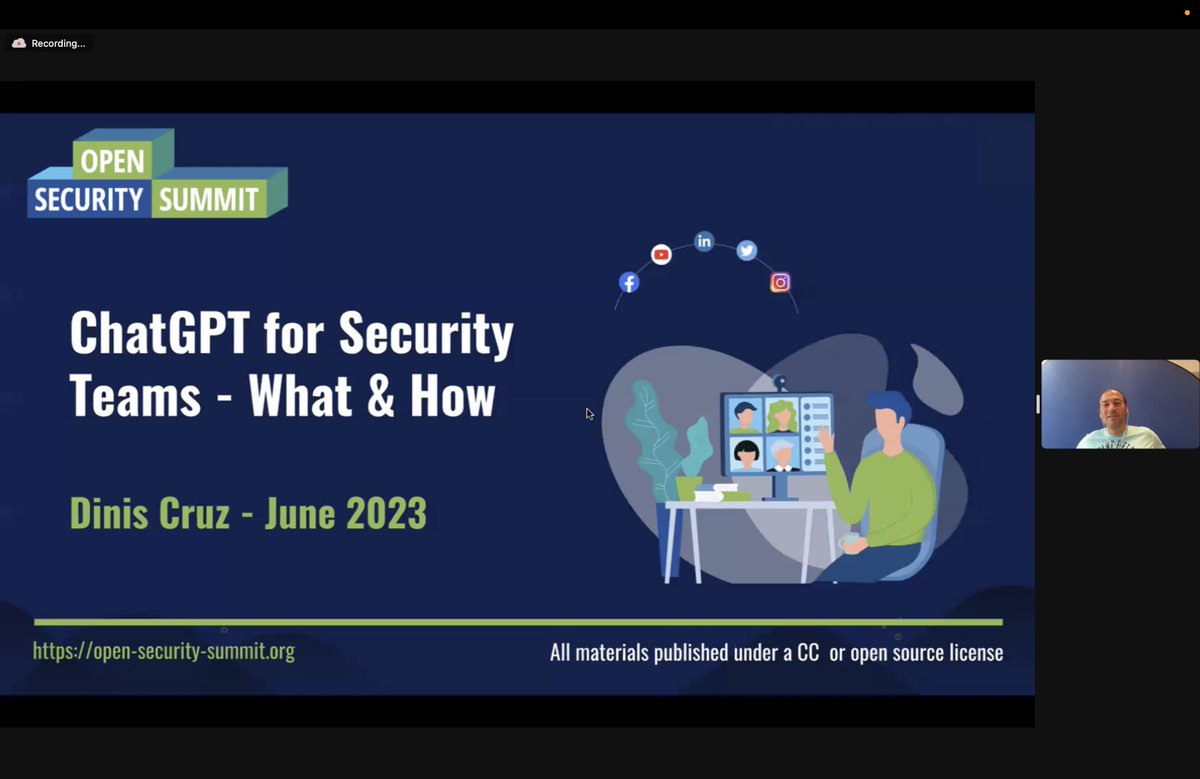 We are LIVE at Open Security Summit with "ChatGPT for Security Teams - What &amp; How" by <a href="/DinisCruz/">Dinis Cruz</a> 

Join us LIVE: open-security-summit.org/sessions/2023/…

#OSS2023 #ChatGPT