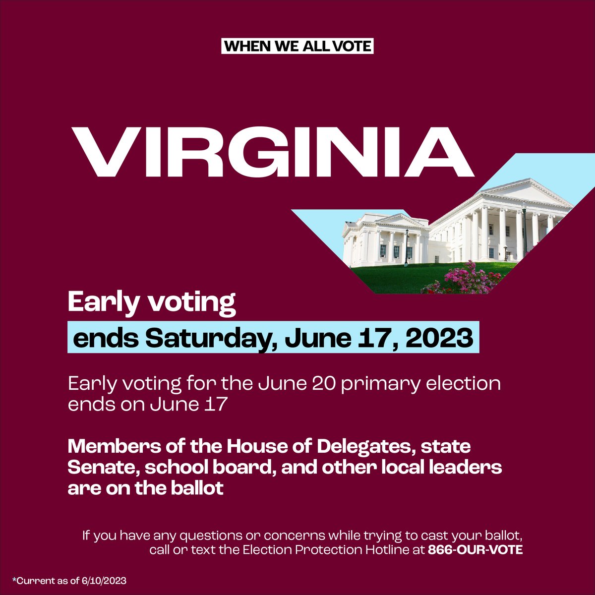 Early voting for Virginia's June 20 election is happening now and ends on Saturday, June 17, 2023📮 Chose to vote by mail? Your ballot must be received by 7pm on Election Day📍 Visit weall.vote/virginia to lookup your early voting site. #Virginia #EarlyVoting