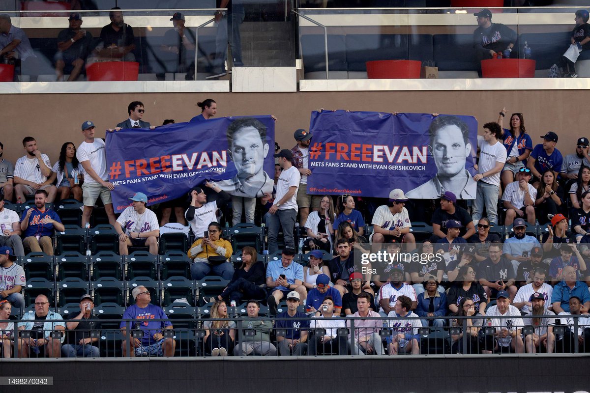 Our colleague, Evan Gershkovich should have been sitting with his friends at the Mets Vs Yankees game last night. Instead, he is sitting in a Russian prison, wrongfully detained for doing his job. It's been 11 weeks. We demand his immediate release.  #IStandWithEvan #FreeEvan