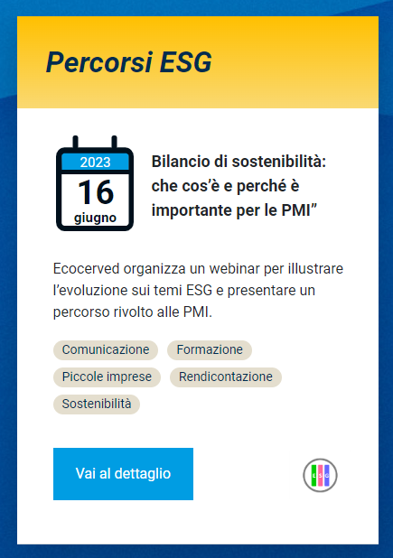 Per le #PMI, non obbligate per legge a rendicontare dati sulla #sostenibilità, diffondere informazioni ESG è un’opportunità. Vuoi saperne di più? Partecipa al webinar <a href="/Ecocerved/">Ecocerved</a>: ecocamere.it/dettaglio/even… 

<a href="/ecomate_eu/">Ecomate</a> <a href="/UngdcStudi/">Fondazione Centro Studi UNGDC</a> <a href="/unioncamere/">Unioncamere</a> <a href="/Ecomondo/">Ecomondo</a> <a href="/susdefItalia/">Fondazione per lo Sviluppo Sostenibile</a> <a href="/SantAnnaPisa/">SantAnnaPisa</a>