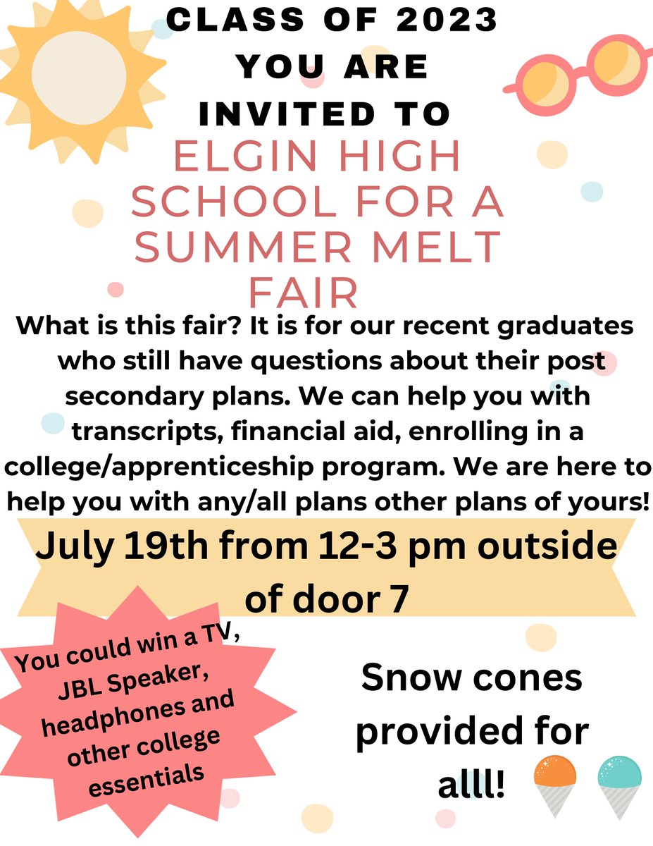 Calling all 2023 graduates!
Are you still struggling with your post-high school plans?  
We're here to help!
Join us on July 19 from 12-3 outside of door 7.

#elginhighschool #elginil #maroonstrong #maroonpride #classof2023