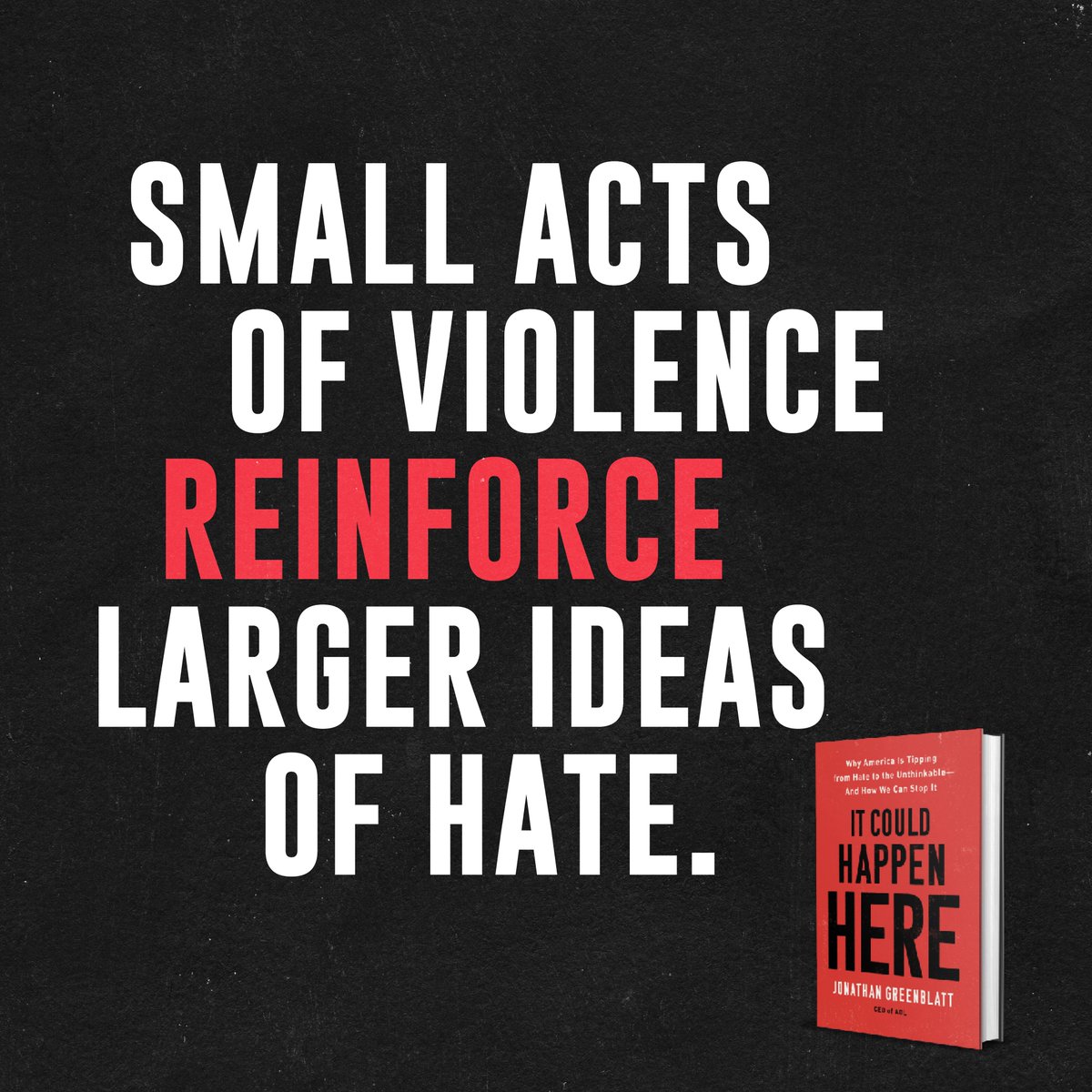 JGreenblattADL's tweet photo. Let’s push back against smaller instances of hateful speech and ideas before they have a chance to radicalize more people. Learn more in my book #ItCouldHappenHere – now available in paperback: https://t.co/LvOsnv7XAx https://t.co/St5oQUZ49l