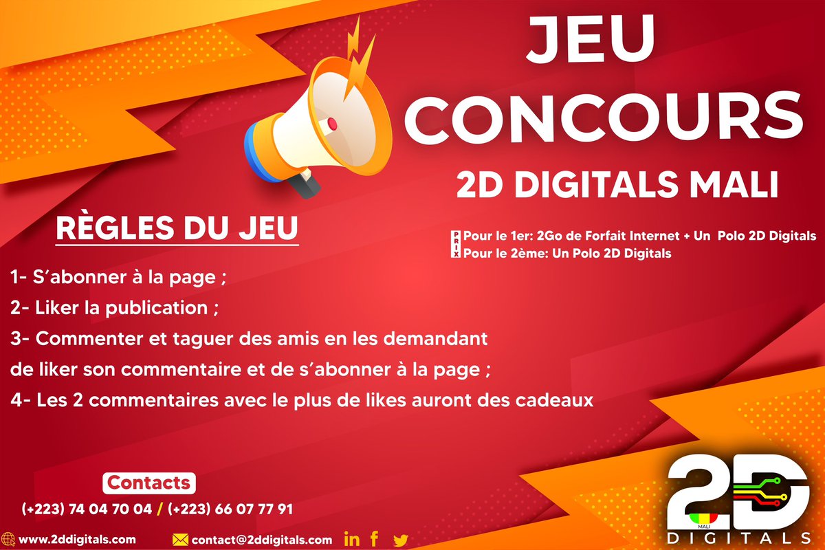Jeu Concours 🎁🇲🇱🤩

Soutenez l’entreprise en participant au jeu et tentez de gagner des datas internet et des polos personnalisés 2D Digitals 👕 

Top c’est parti !