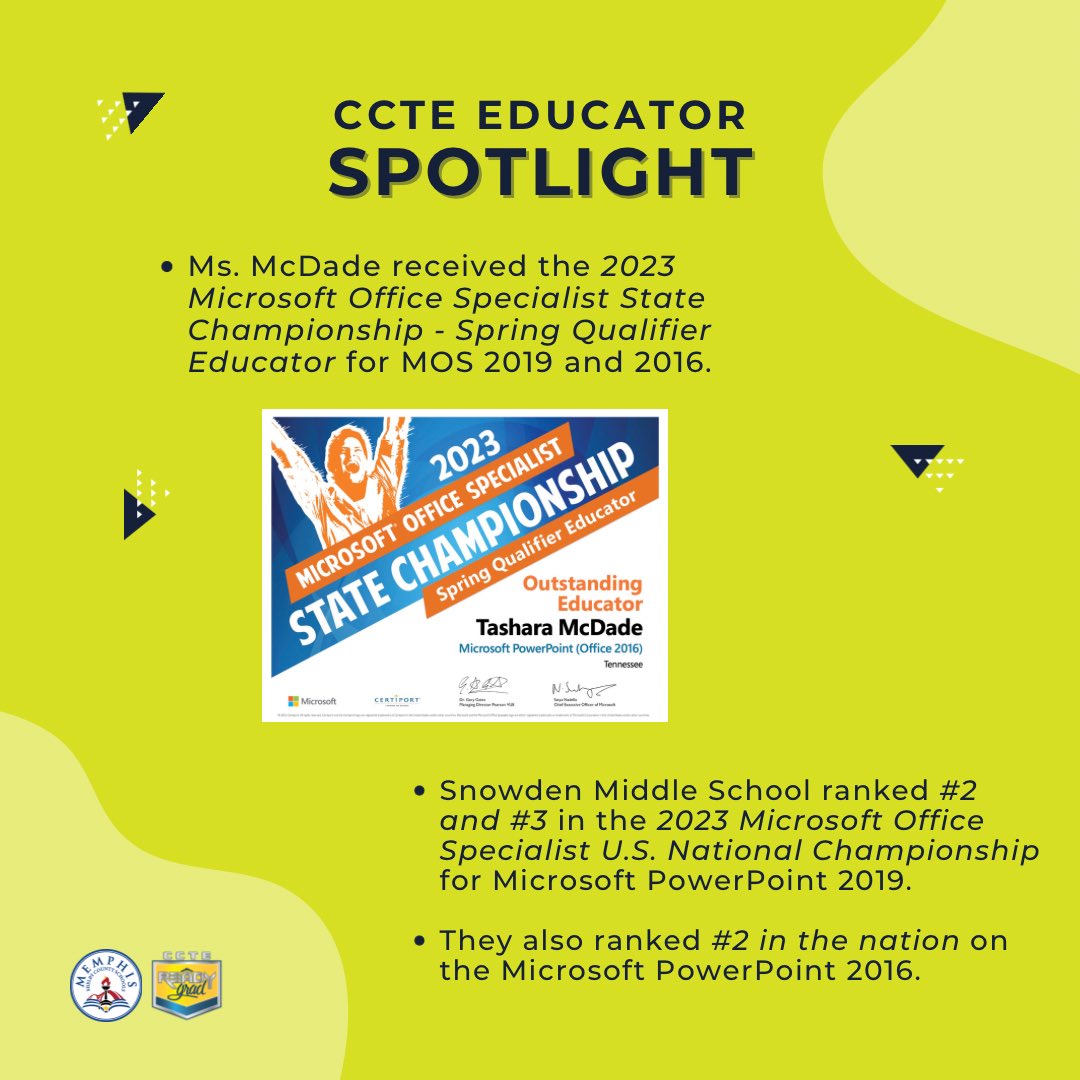 MSCS_CCTE's tweet image. Ms. Tashara McDade has been making strides for Snowden Middle School students! Ms. McDade was named “Outstanding Educator” for the 2023 MOS State Championship - Spring Qualifier Educator.

Thank you for your dedication! ⭐️

#readygrad #microsoftofficespecialist #cteprograms