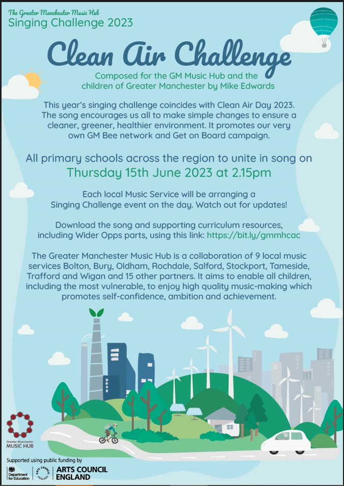 Wigan_music's tweet photo. Tomorrow is the annual @GMMusicHub Singing Challenge! Primary school children from across the hub will unite in song from their different locations to sing the 'Clean Air day Song' Tune in to Oldham Community Radio 99.7fm from 2.05pm
#Gmmhsinging https://t.co/4Ip7h7OJNd