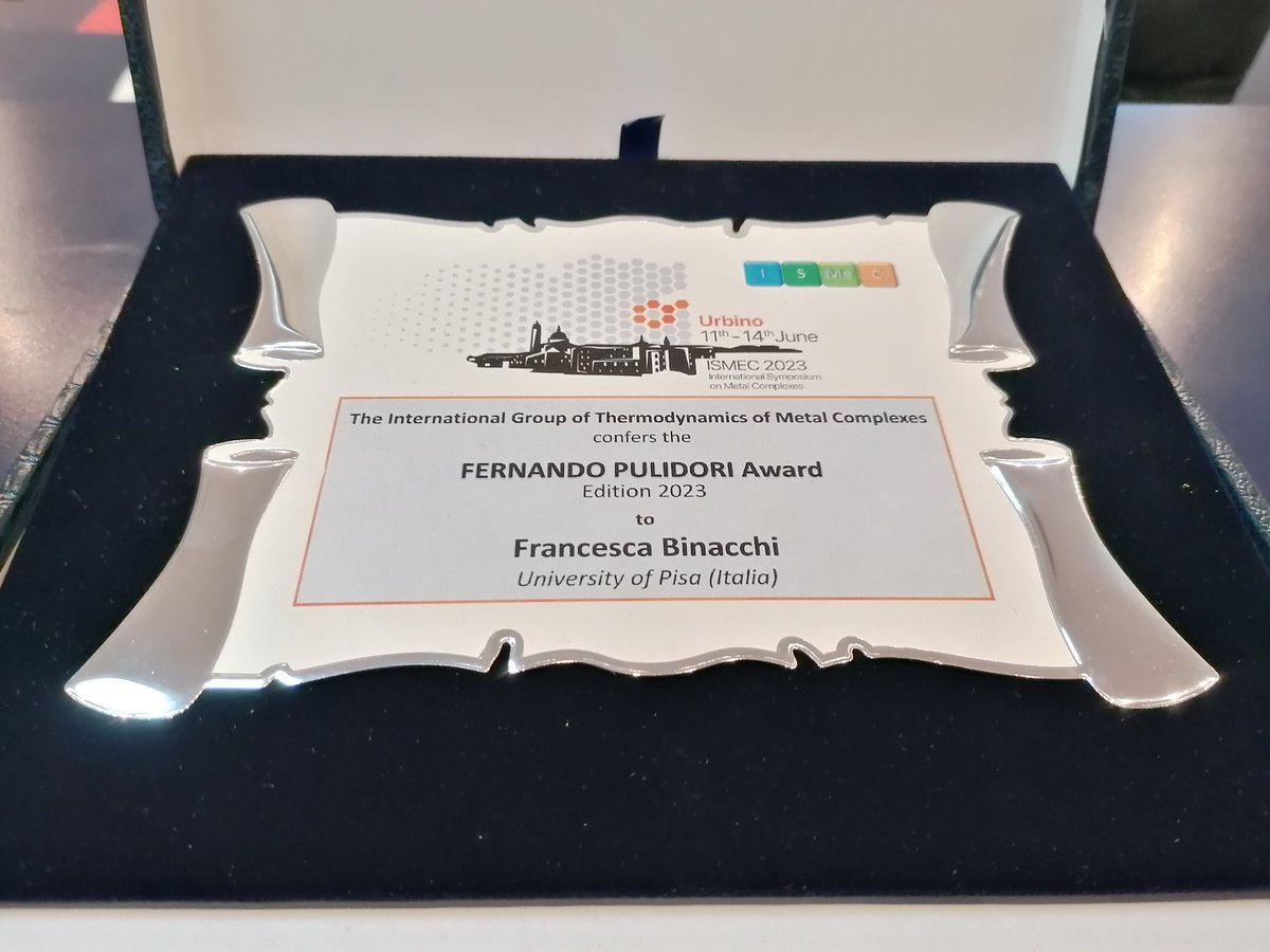 I am honored to be one of the awarded young researcher with the Fernando Pulidori Prize by <a href="/IsmecGroup/">ISMEC Group</a> at <a href="/ISMEC2023/">ISMEC 2023</a> in Urbino. An ex aequo with another brilliant young researcher.
It is a personal satisfaction to recieve an award in thermodynamic of metal complexes field.