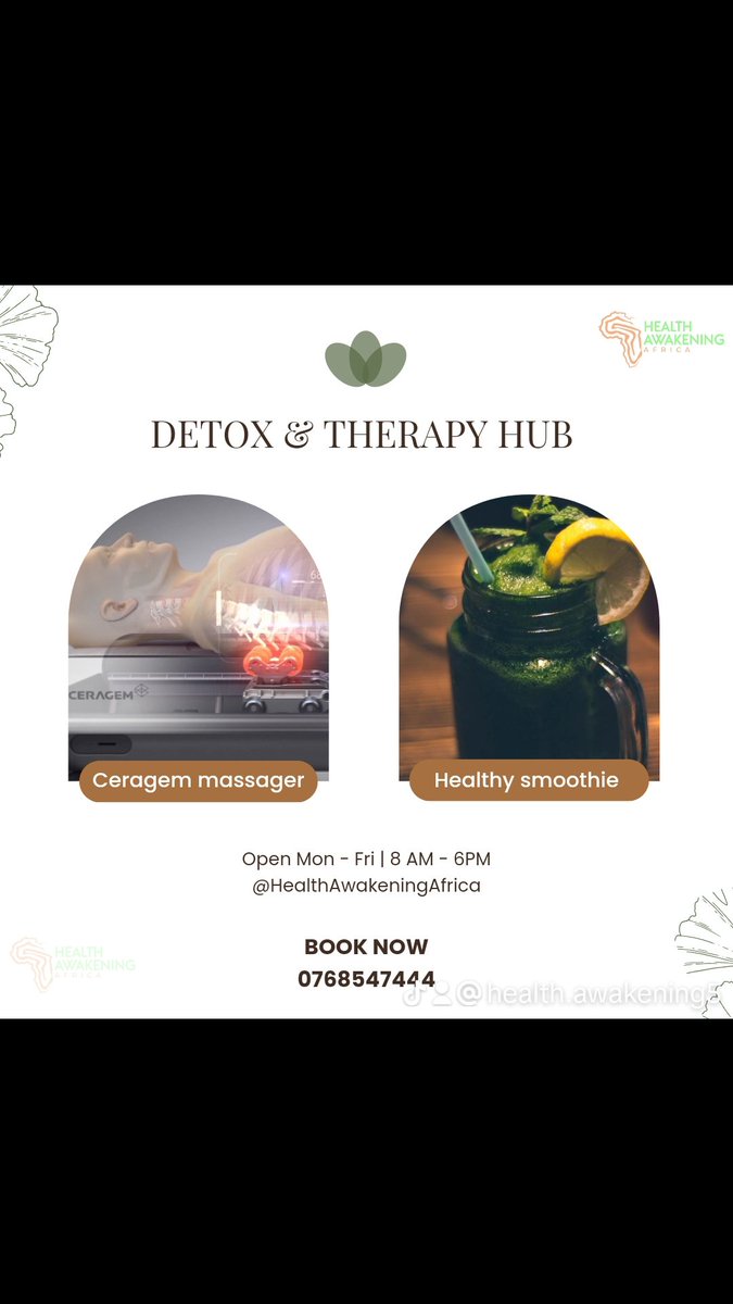 HEALTHAWAKE2030's tweet photo. Looking for a place to refresh your mind, body, and soul?
Come to our detox and therapy hub in Lavington. We have healthy smoothies and Ceragem massages to help you feel your best.
Call 0768 547444
#KameneGoro #Aisha #VOGUE #paypal #Toimarket #Mackenzie #Mutindwa #Alshabaab https://t.co/kgHKWqPO42