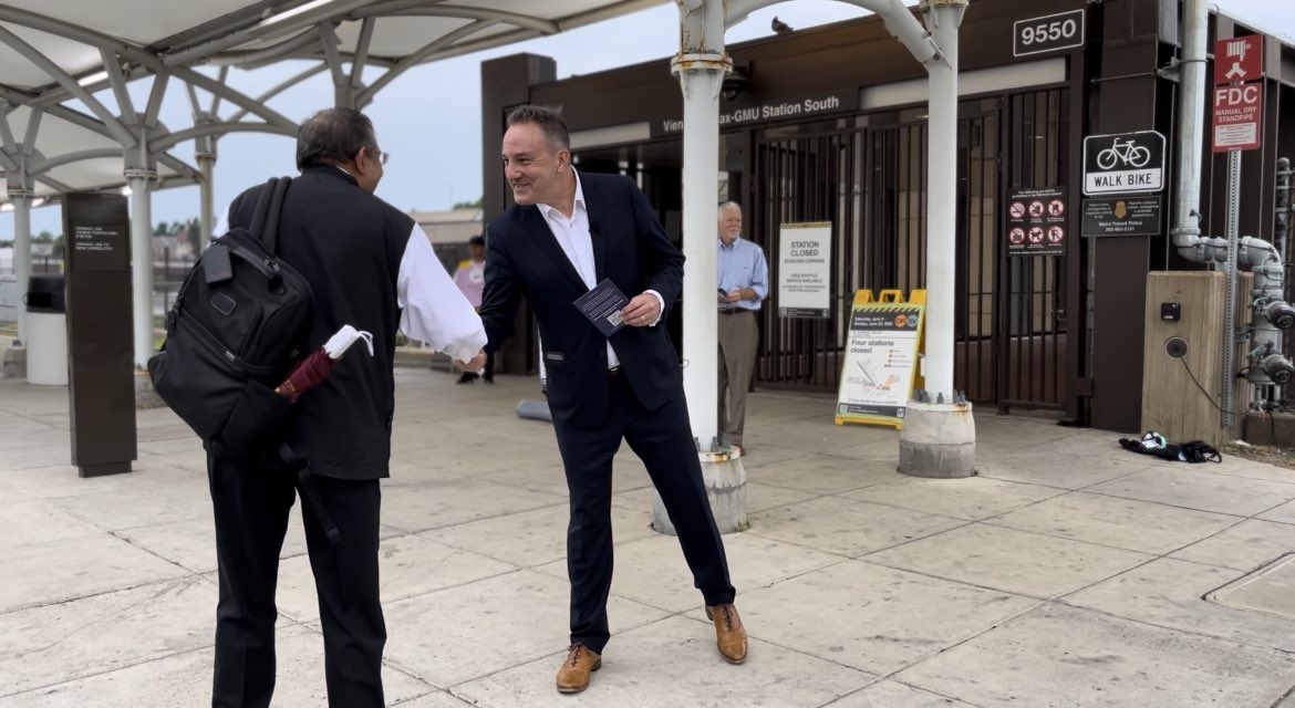 NickMinock's tweet photo. This morning at 7:30am, Fairfax County Commonwealth’s Attorney candidate @Nuttall4Fairfax and State Sen. @ChapPetersen were greeting voters in Vienna ahead of the June 20th primary in Virginia. @7NewsDC https://t.co/2zRjvupuuI