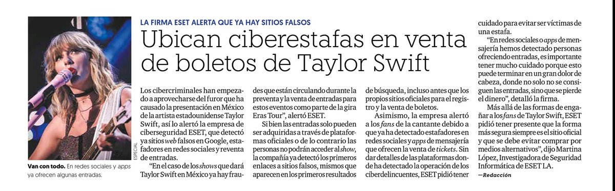 🚨🚨 Ubican ciberestafas en venta de boletos de Taylor Swift 🚨🚨

#cibercriminales han empezado a aprovecharse del furor que ha causado la presentación en México de  #TaylorSwiftErasTour así lo alertó la empresa de ciberseguridad <a href="/ESETLA/">ESET Latinoamérica</a> vía EL FINANCIERO 👇