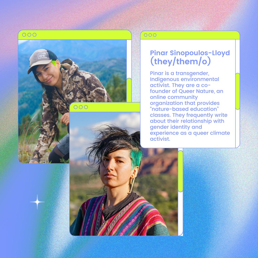 gloriawalton's tweet photo. The fight for climate justice means listening and supporting LGBTQ+ activists. In honor of #PrideMonth, here are six LGBTQ+ climate activists to follow and support 🏳️‍🌈✨💕 https://t.co/2GGG6HKa57