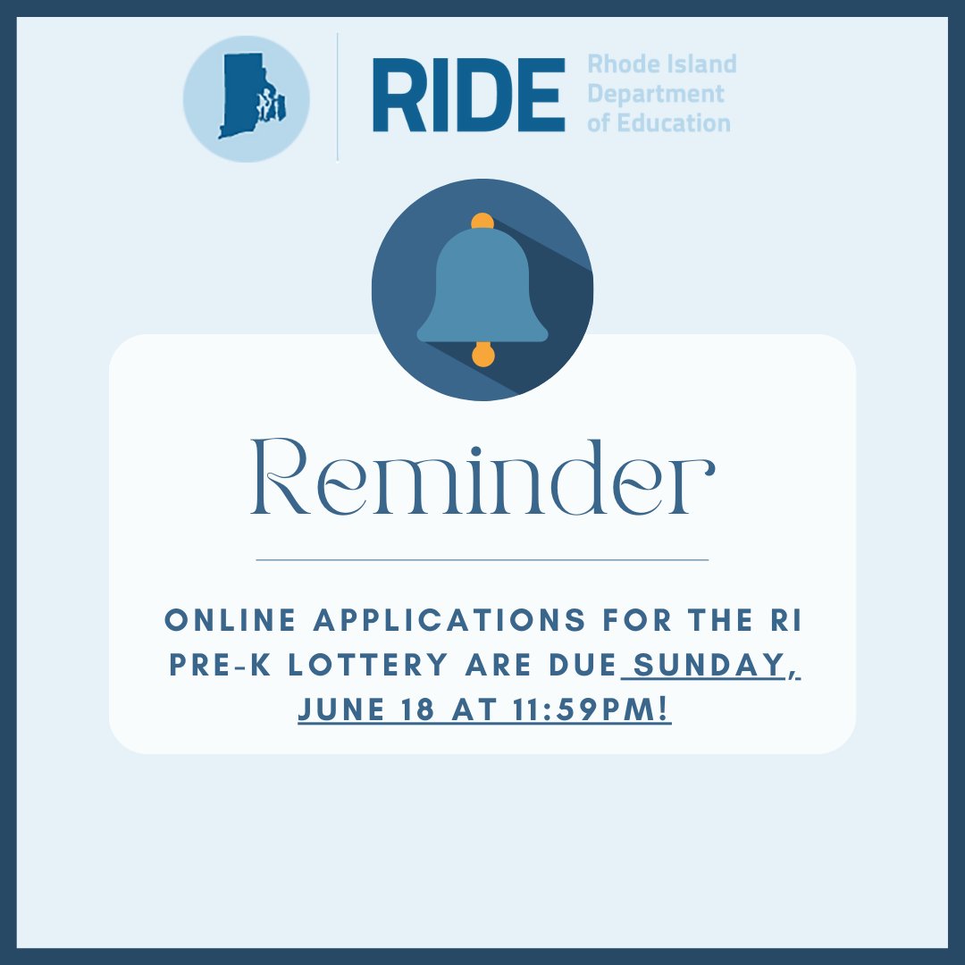 📢🚨REMINDER: Online applications for the RI Pre-K Lottery are due Sunday, June 18 at 11:59pm! If your child will turn 4 years old by September 1, 2023 & you live in one of the identified 18 communities, visit RIPreK.com today to apply for a free RI Pre-K seat!